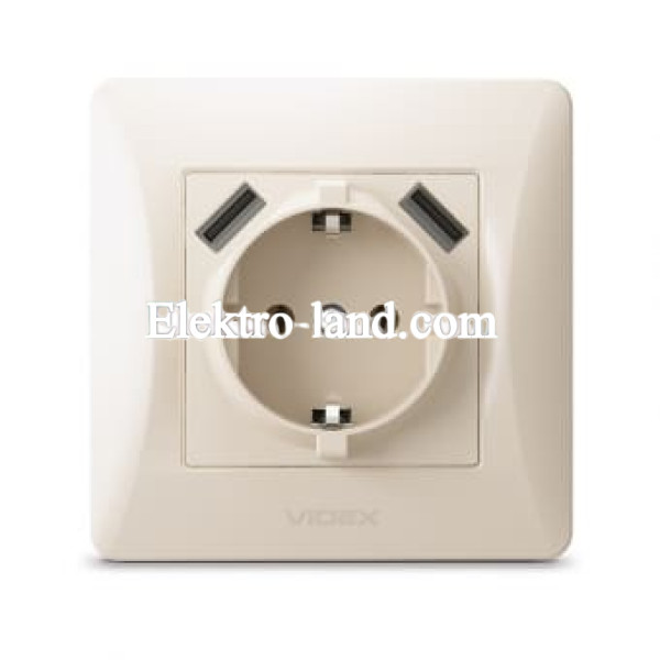 Розетка одинарная с заземлением и 2USB крем Videx Binera 